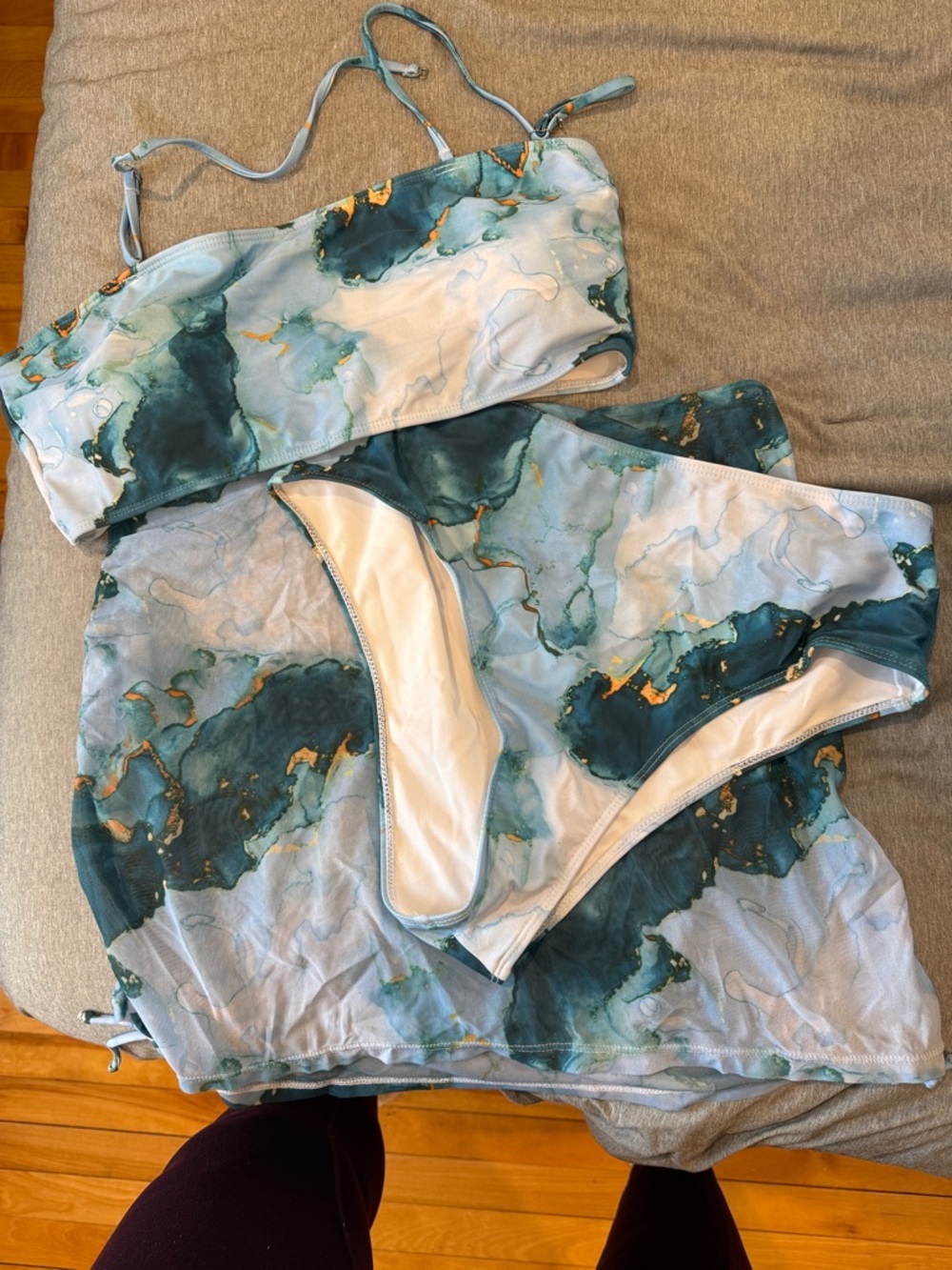 SHEIN Teal Marble Print Bandeau Bikini Set with Gold Accents